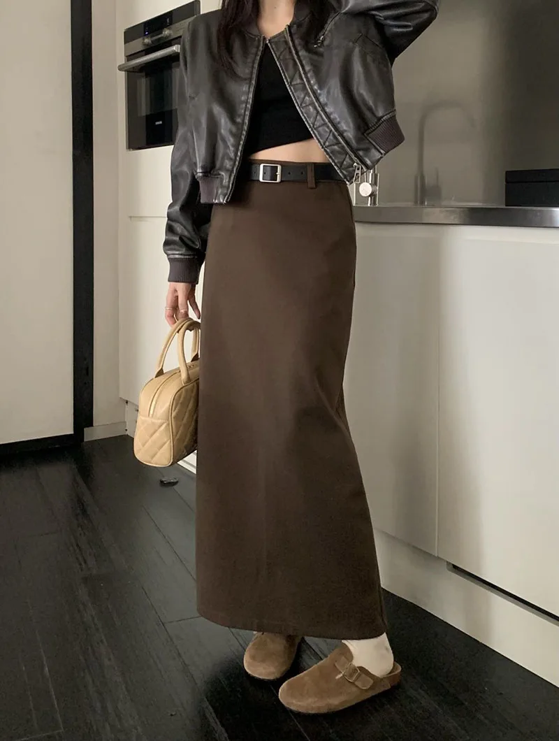 High Quality Woolen Maxi Skirts Female Elegant Chic High Waist Loose A-Line Skirts Women Vintage Streetwear Split Long Skirt