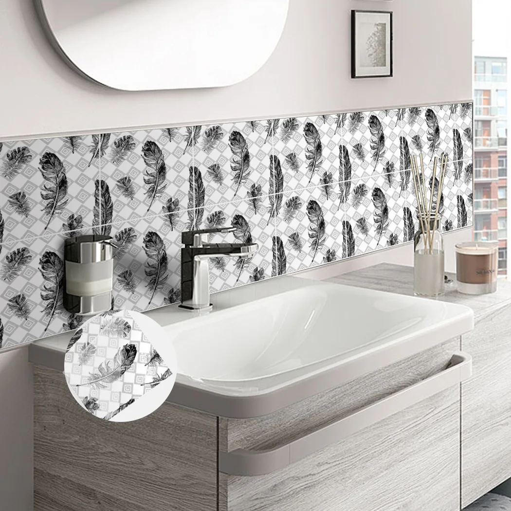 

Клейкие обои для стены, современный геометрический дизайн с перьями, самоклеящиеся толстые наклейки на плитку, водонепроницаемые, легко чистящиеся