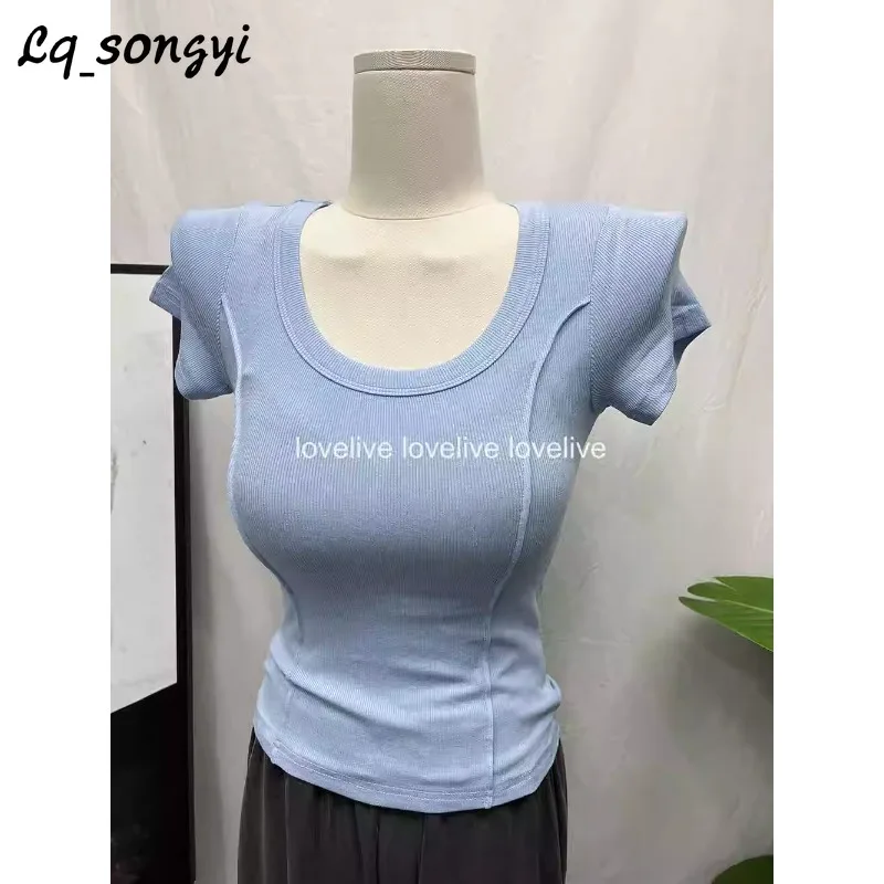 

Lq_songyi U Neck Tops Short Sleeve Thin T Shirts Korean Pop High Strecth Top 2024 New Summer Women Slim Fit Tight T-shirt