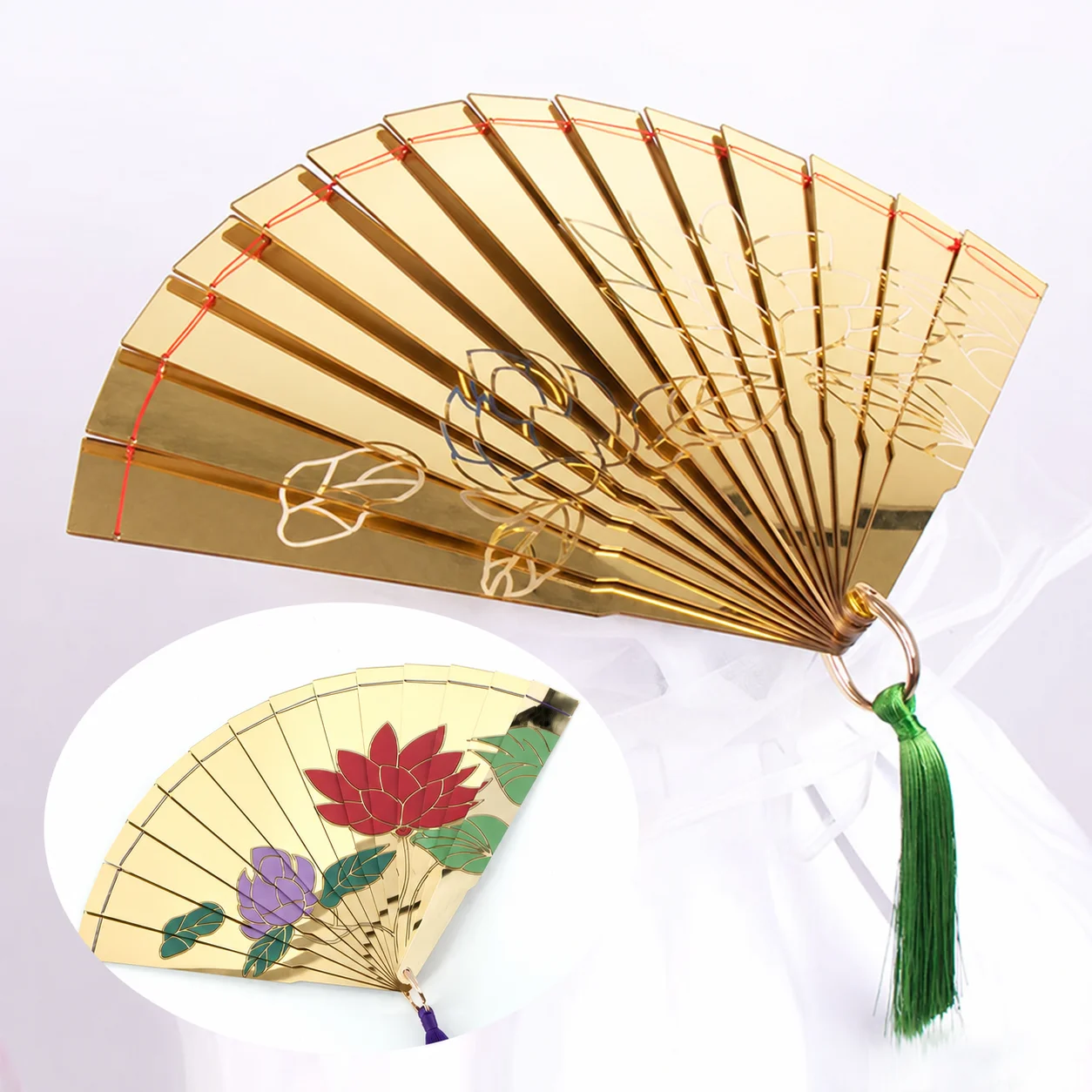 Douma Cosplay Folding Fan with Engraved Lotus Design and Green Tassel, Golden Costume Prop for Conventions & Photoshoots