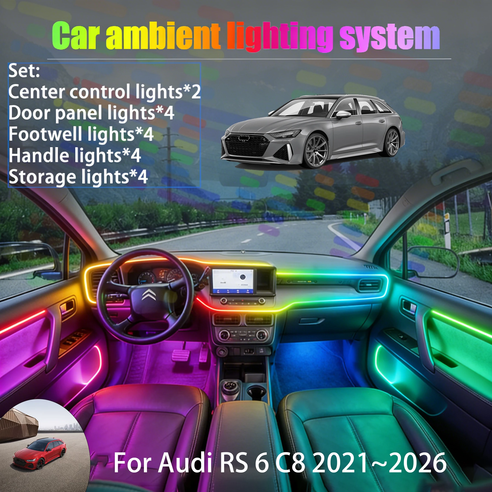 

For Audi RS 6 C8 2021~2026 MK4 2/18 in 1 Car ambient lighting Led trunk interior led lights USB RGB Ensemble Streamer Auto Part
