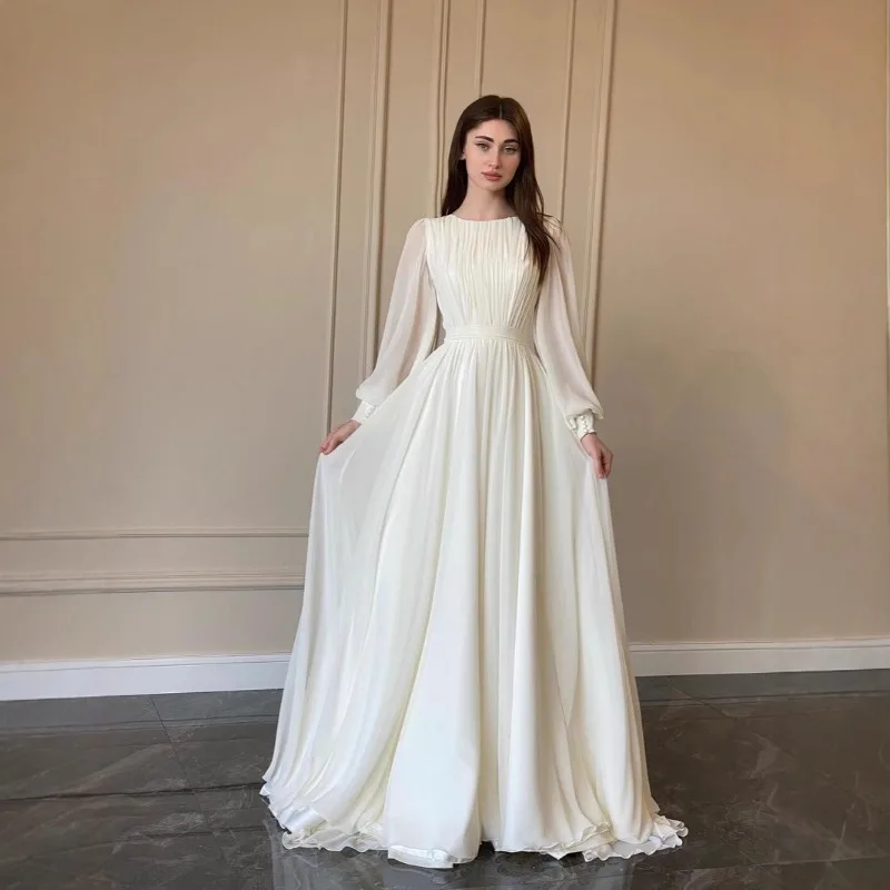 

2026 Summer Women's Elegant Folded Chiffon Dress Fashion A-line Banquet Evening Dress Solid Long Sleeves Maxi Dresses for Women