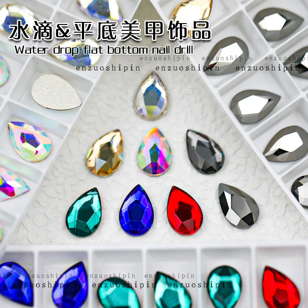 50 stks Grote Maat 9*14mm Druppelvorm Boutique Platte bodem nail art steentjes Glas kristal 3D nagel decoratie groothandel