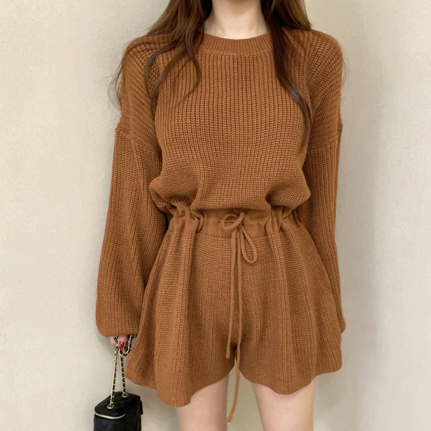 

Шикарный винтажный вязаный комбинезон для женщин с длинными рукавами, широкими штанинами, завязками на талии и низким круглым вырезом, весна-осень