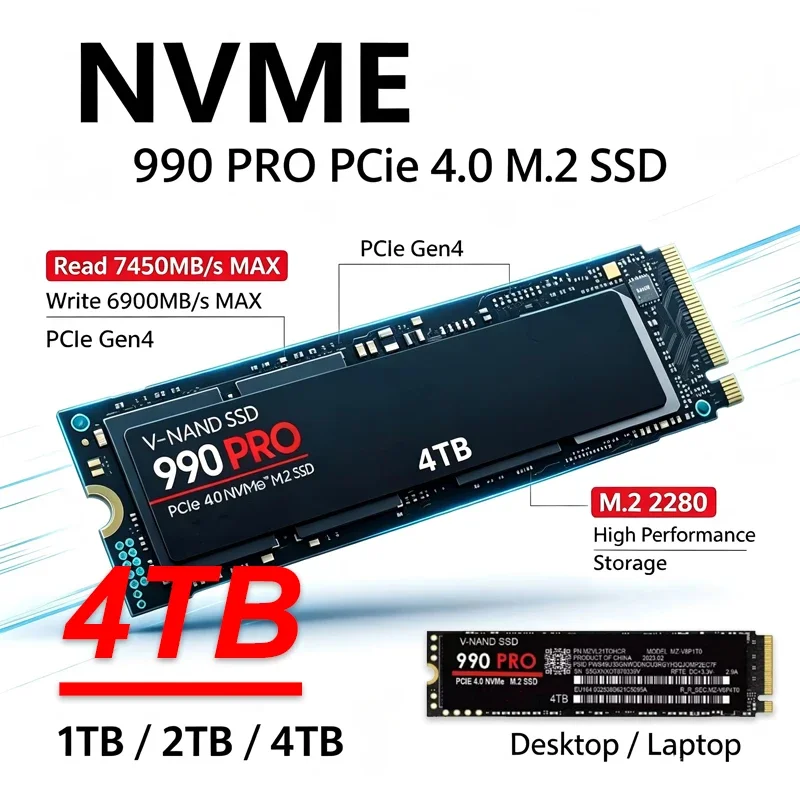 2026 Original 990 PRO M.2 SSD 1TB 2TB 4TB, 7450MB/s Read PCIe Gen4 NVMe, Internal Solid State Drive for Desktop Laptop