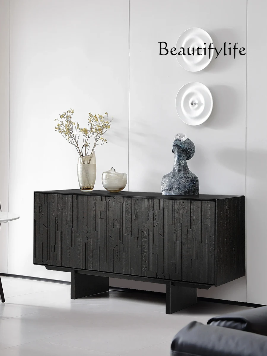 French Style Retro Creative Embossed Side Cabinet, Solid Wood Sideboard Silent Wind Black Wall Storage