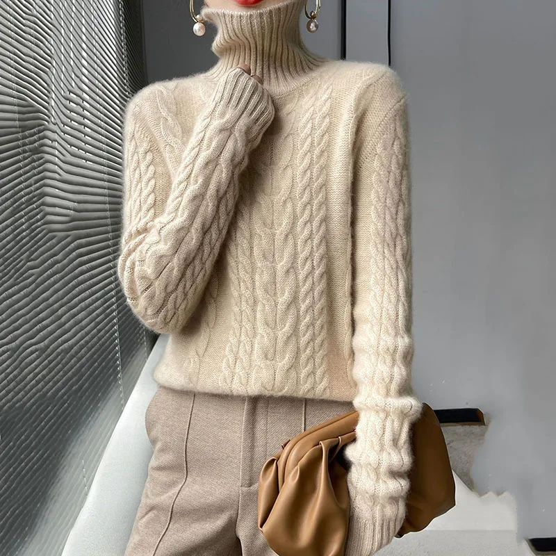 

New Women's Thick Woolen Sweater Turtleneck Twist Pullover Sweaters Coat Winter Warm Bottom Knit Female Knitted Sweaters Apricot