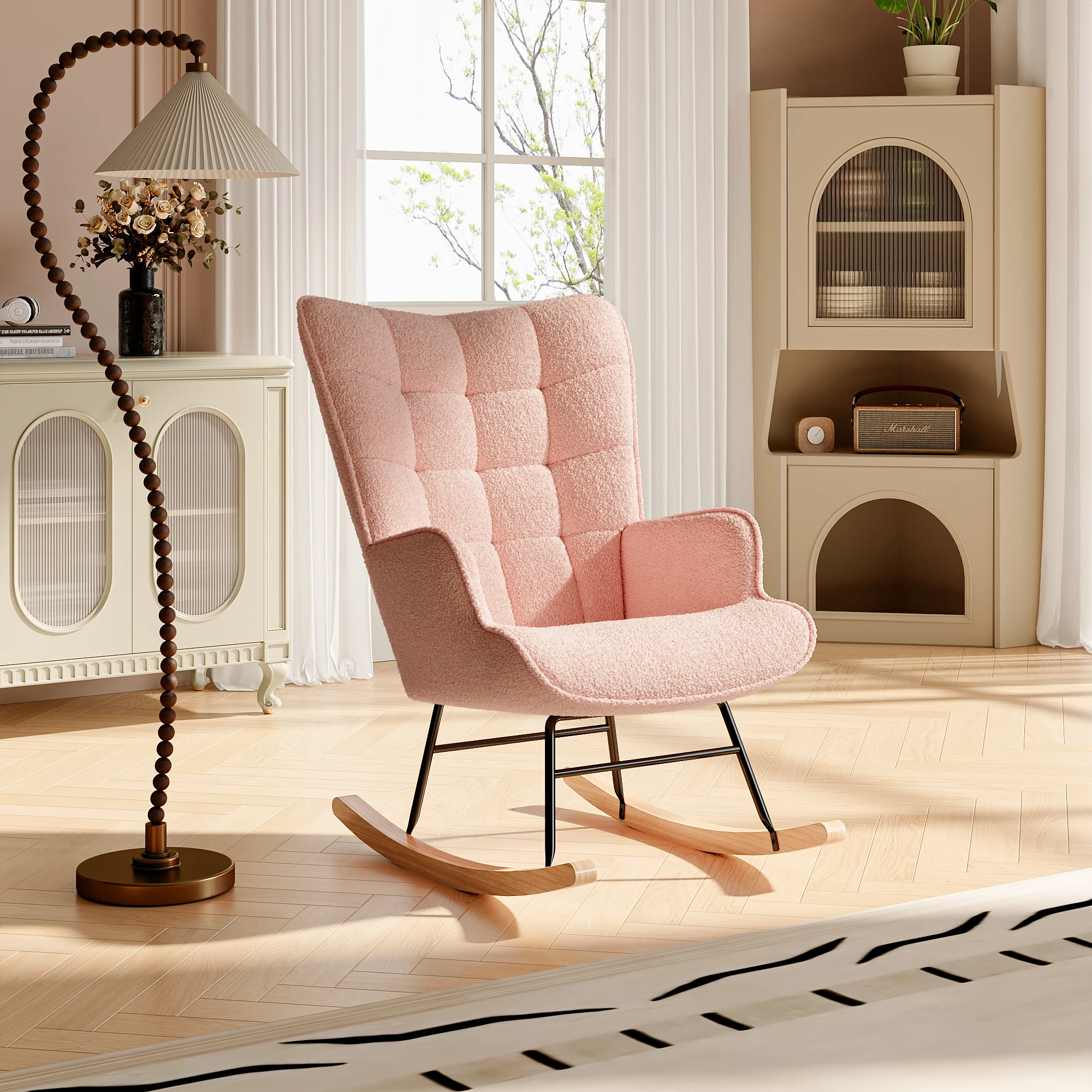 Pink Rocking Chair, Soft Teddy Velvet, Grid Relaxing Chair, Swing Chair with Armrests, Accent Chair for Living Room Bedroom