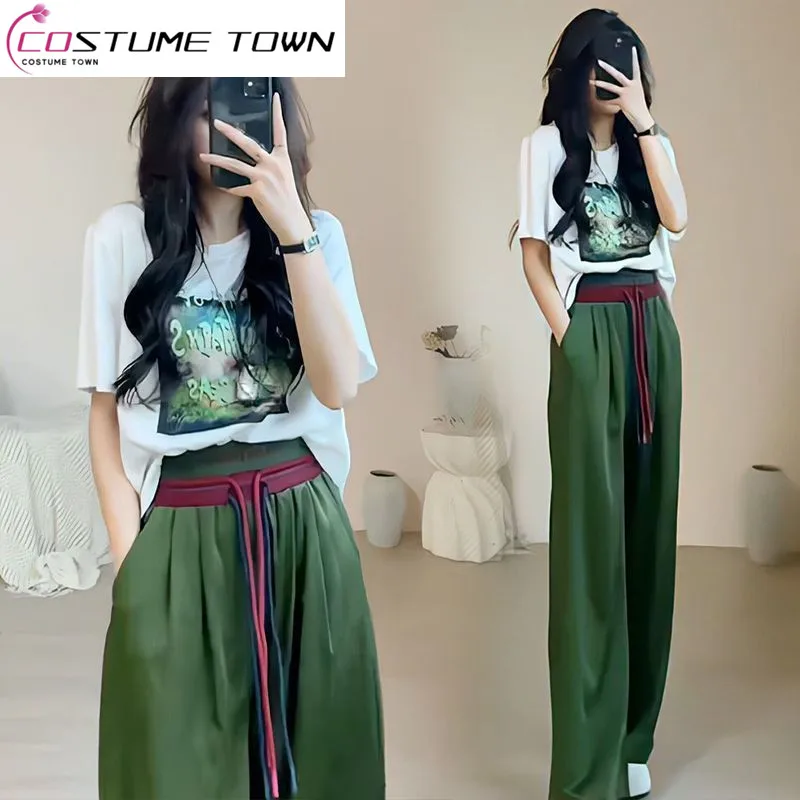 

Summer Short Sleeve Sports Set Women's 2023 New Fashion Network Red Loose Relaxed Wide Leg Pants Two Piece Set Fashion