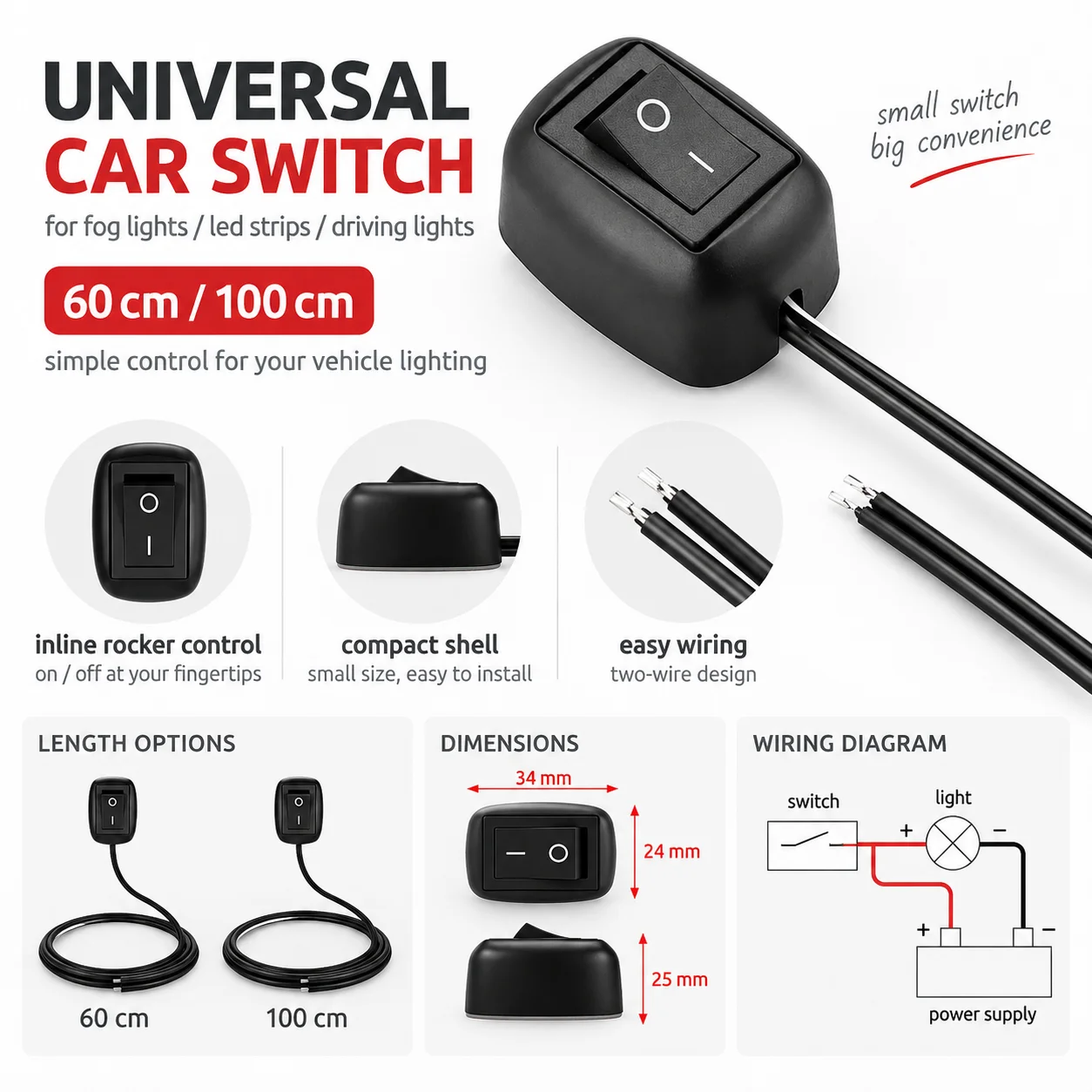 60cm/100cm Universal Switch on Shift Button Without Fixation With Cable 12V/24V Battery Car for Fog Power Breakers Disconnect