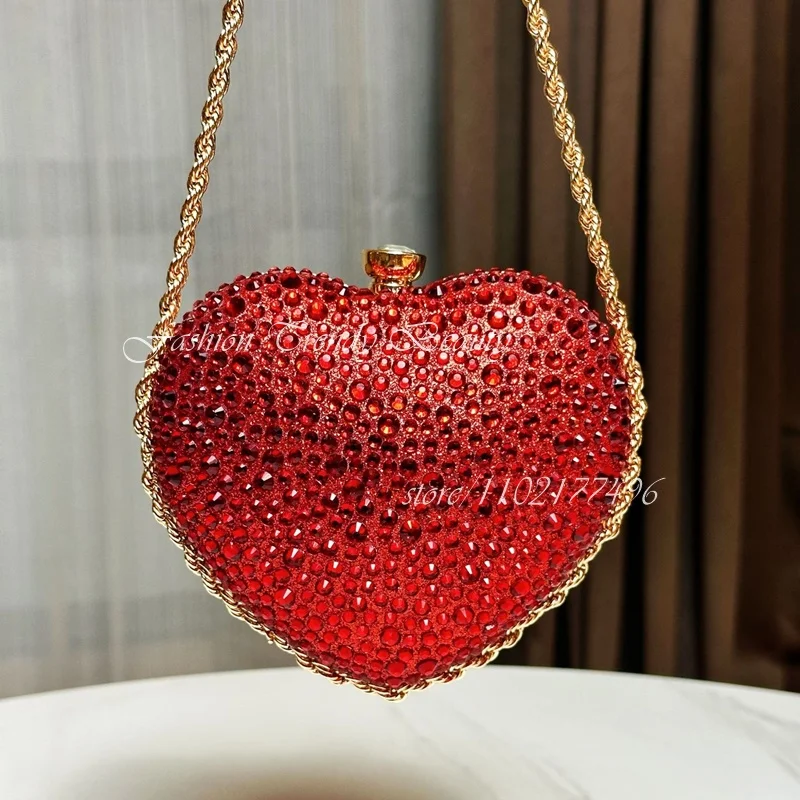 Heart-Shaped Evening Bag Shell Circular String Bead Embellished Peach Red Crystal Diamond Rose Evening Bags Woman Party Shoulder