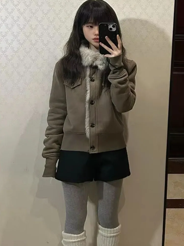 Women Jackets Vintage Stand Collar Furry Patchwork Outwear Vintage 2026 Autumn Winter Coats Y2k Aesthetic Streetwear