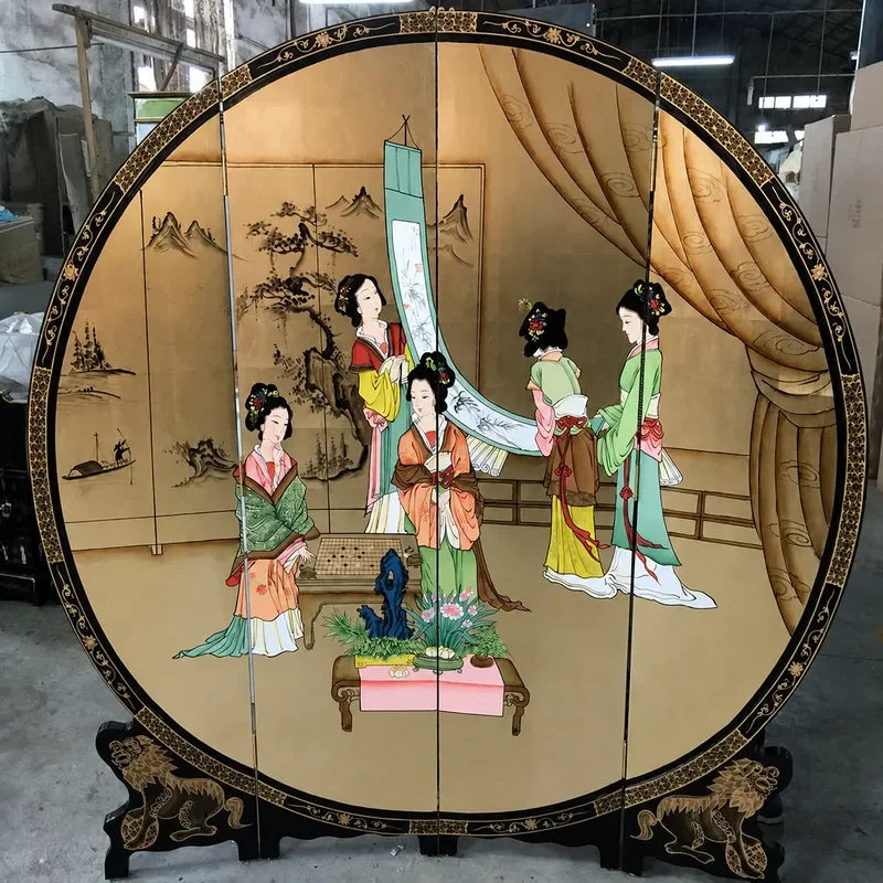 Gold Foil Round Folding Screen Hand Painted Chess Painting Ming Qing Classical Furniture Decorative Background Wall