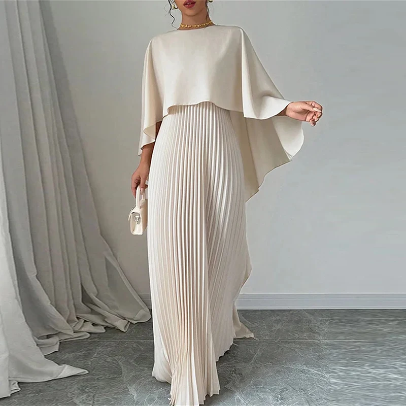 

Women Casual Loose Long Dress Autumn Cloak Sleeves Ruffle Maxi Dress Vestidos Spring Elegant Crew Neck Pleated Dresses