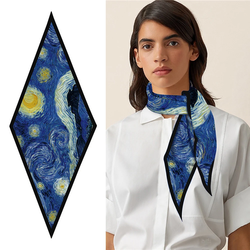 Oil Painting Starry Sky Diamond Woman Fashion Silk Scarf Bandana Headband Hijab Foulard Neckerchief Shawl Female Bow Ties