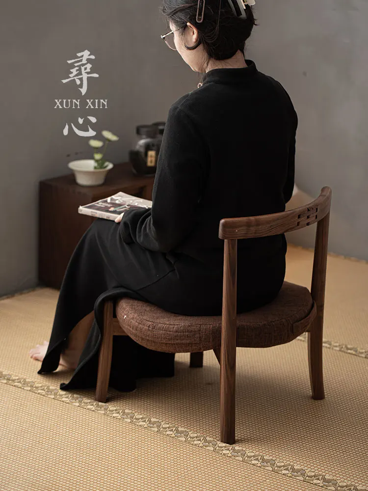 Xunxin walnut futon seat retro solid wood foldable portable chair back chair Chinese simple tea table chair