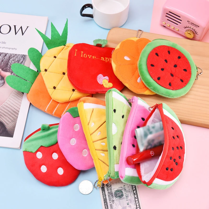 Creative Plush Fruit Kids Coin Purse Apple Watermelon Strawberry Coin Purse Lipstick Bag Bluetooth Headphone Storage Bag Gifts