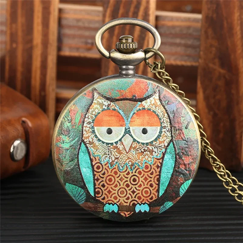 

Colorful Cute Night Owl Design Full Hunter Quartz Analog Pocket Watch for Men Women Sweater Necklace Chain Retro Timepiece