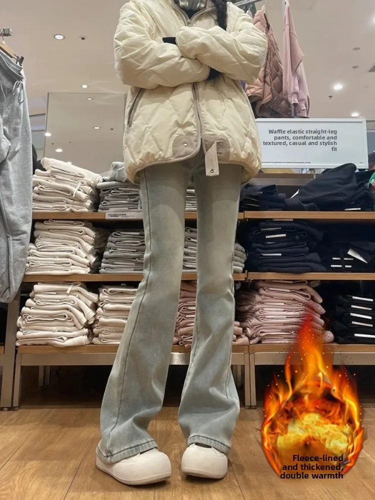 Retro fce forrado micro queimado jeans feminino cintura alta perna larga bootcut calças outono inverno plus size emagrecimento