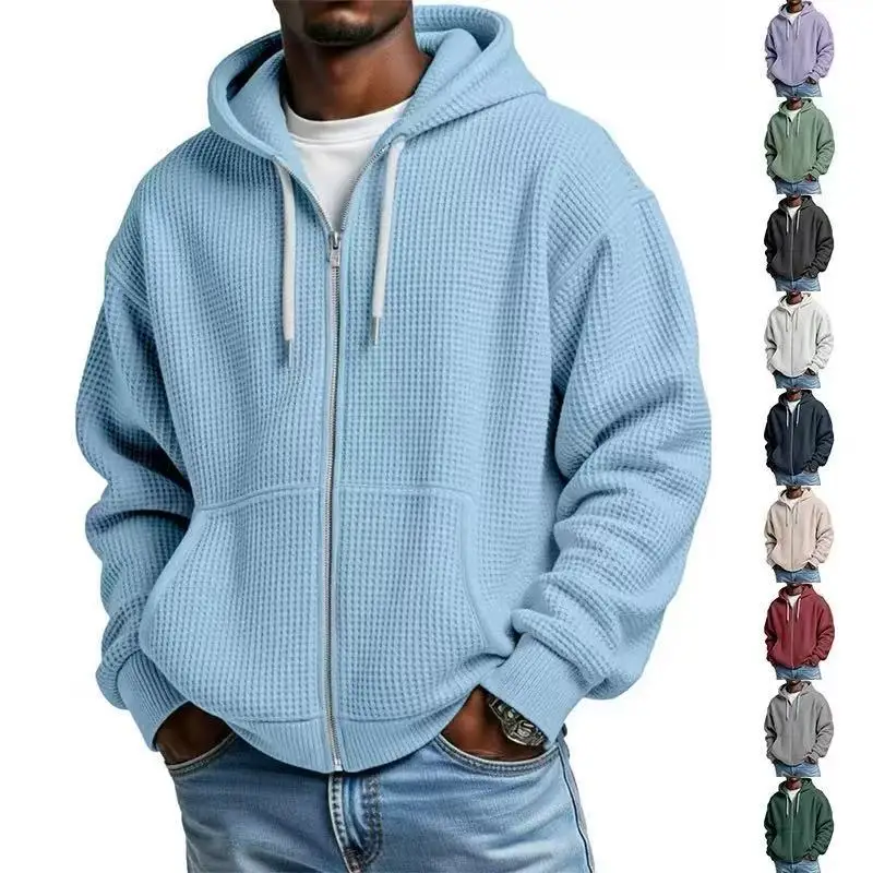 Men Waffle Knit Full Zip Hoodie Solid Color Drawstring Kangaroo Pocket Loose Fit Casual Long Sleeve Streetwear Zip Up Sweatshirt