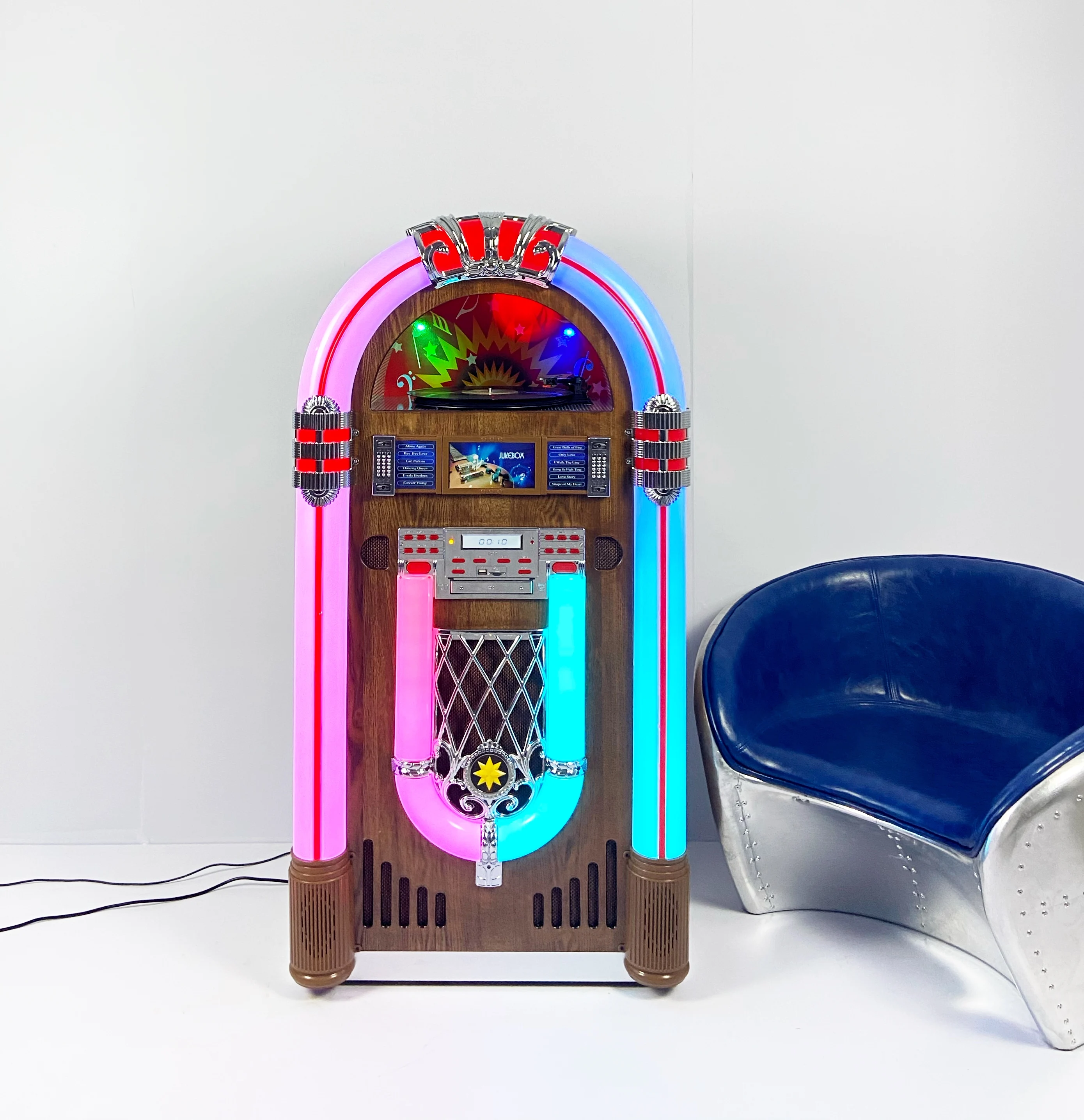 

Full-size classic oak jukebox with vinyl turntable