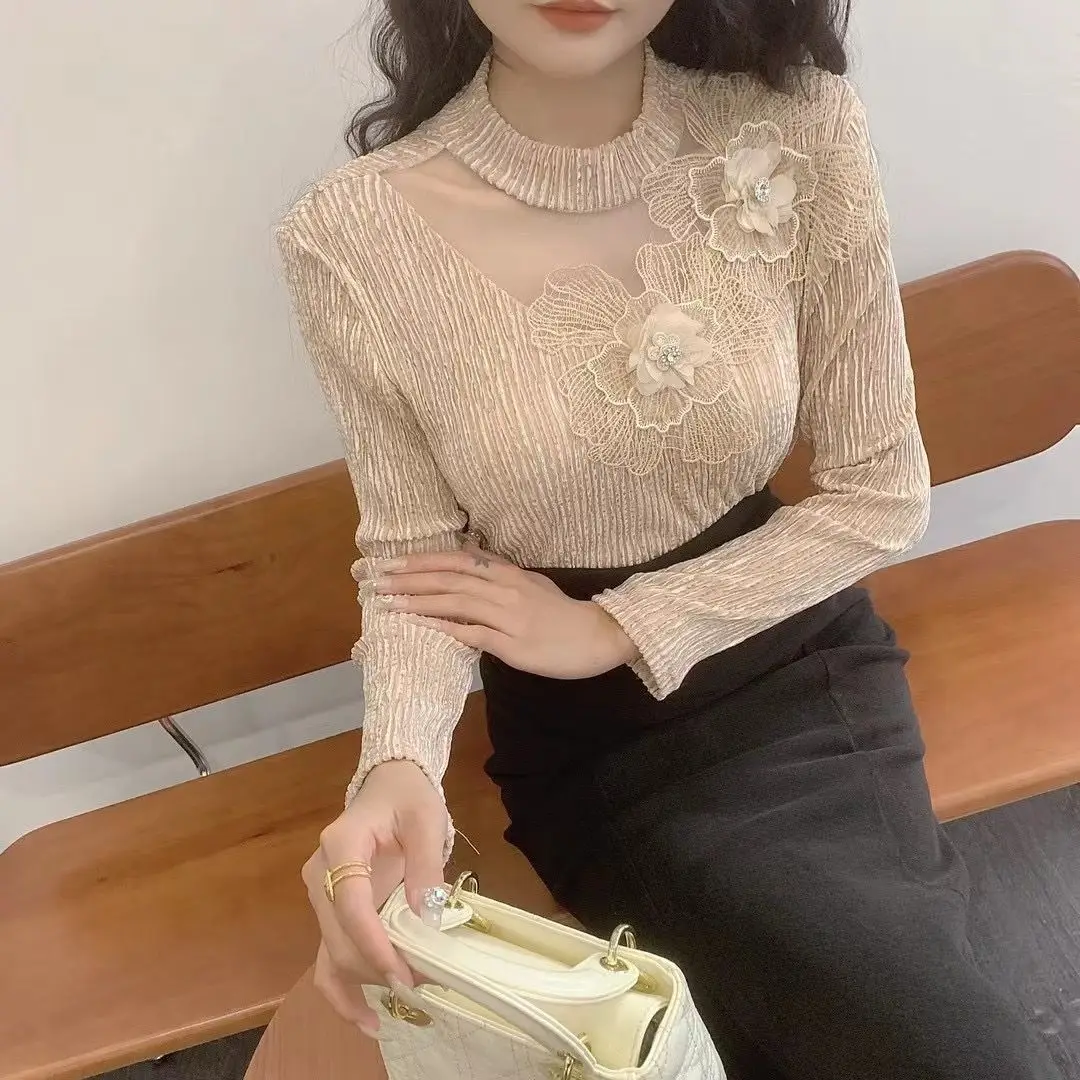 Bright Line Decoration Diamonds Solid Color Patchwork Net Yarn O-neck Long Sleeve T-Shirts Female Fashionable Elasticity Top Tee