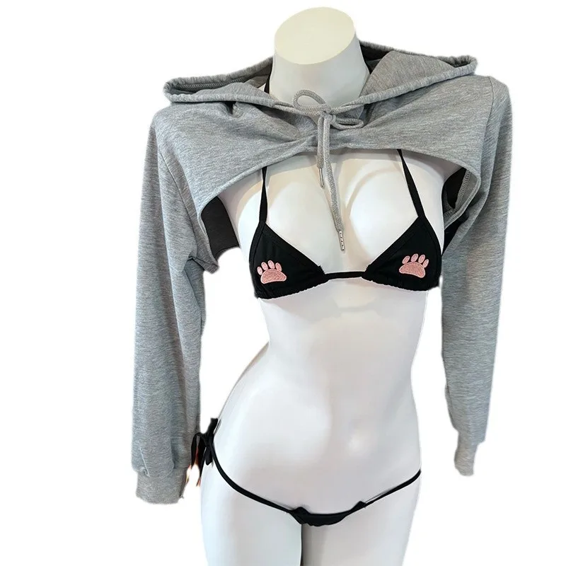 

2026 New Black & White Casual Lingerie Set - Anime Cosplay Hooded Crop Hoodie, Cute Adorable Private Shoots Role-Play Outfit