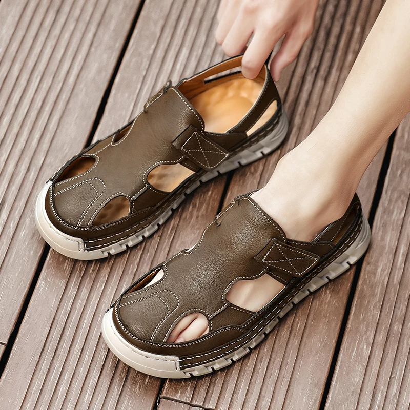 Men Leather Sandals Comfortable Outdoor Handmade Hollow Out Casual Loafers Summer Beach Walking Male Sneakers Men Beach Sandals