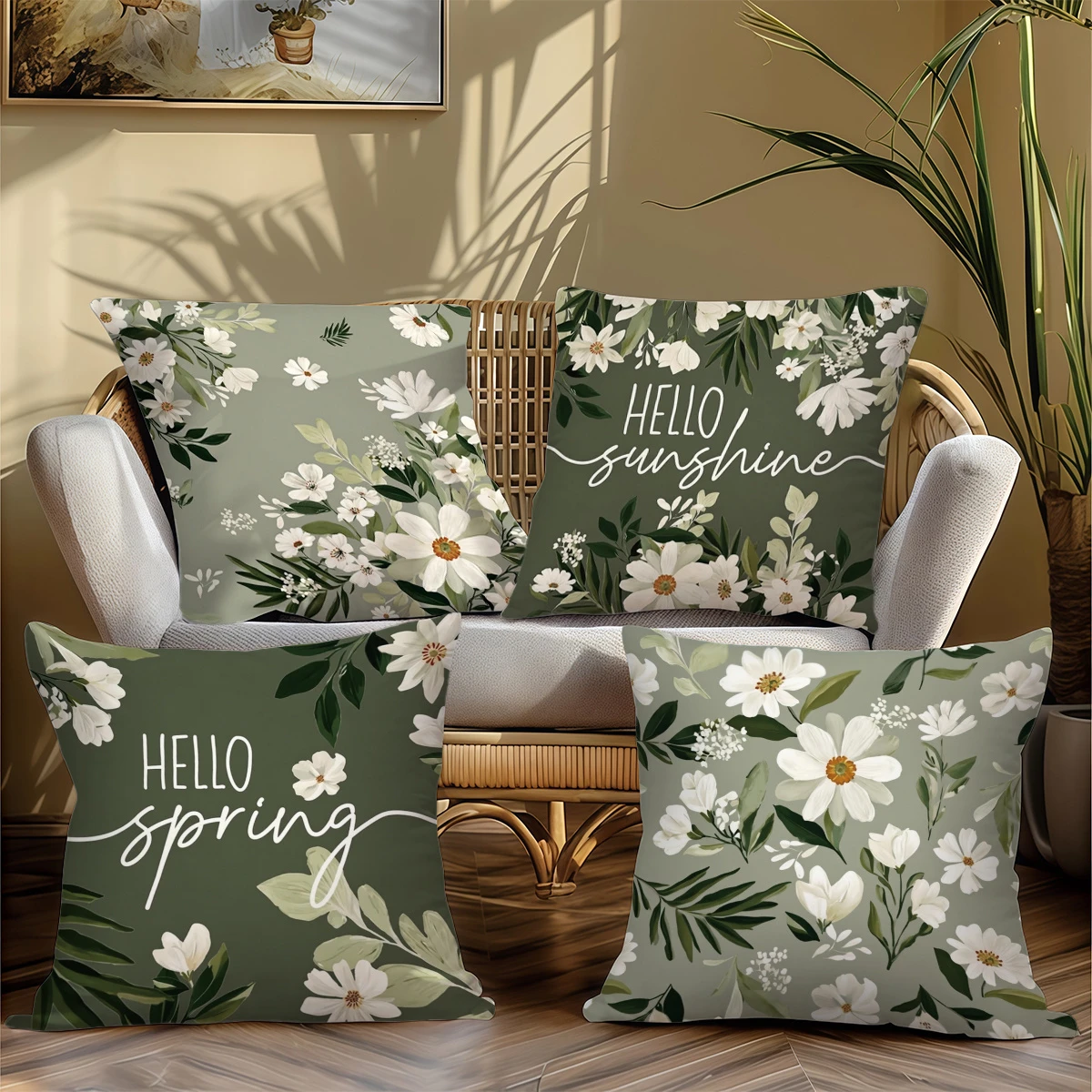 4pc Spring Floral Throw Pillow Covers Hello Sunshine Hello Spring Botanical Cushion Cases for Home Decor