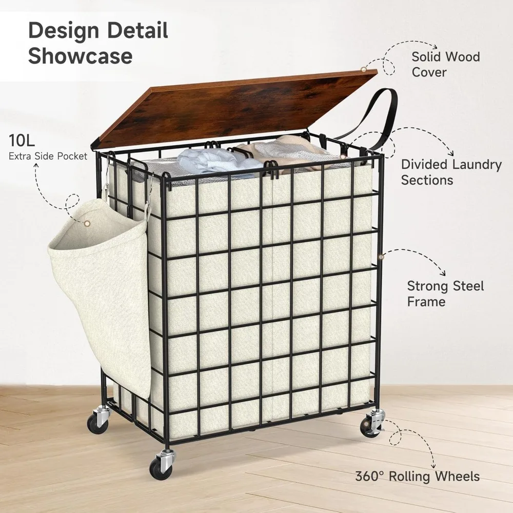 سلة غسيل دوارة شديدة التحمل مع فارز وسعة كبيرة، غطاء خشبي، عجلات 360 درجة لسهولة المناورة
