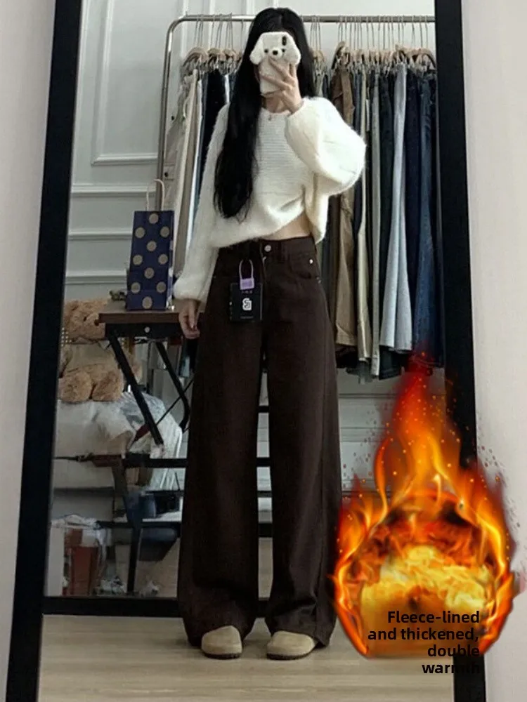 

High Waist Thickened Fleece Denim Jeans Women's Straight Leg Slimming Pants Winter New Style Cleanfit Vintage Washed Jeans