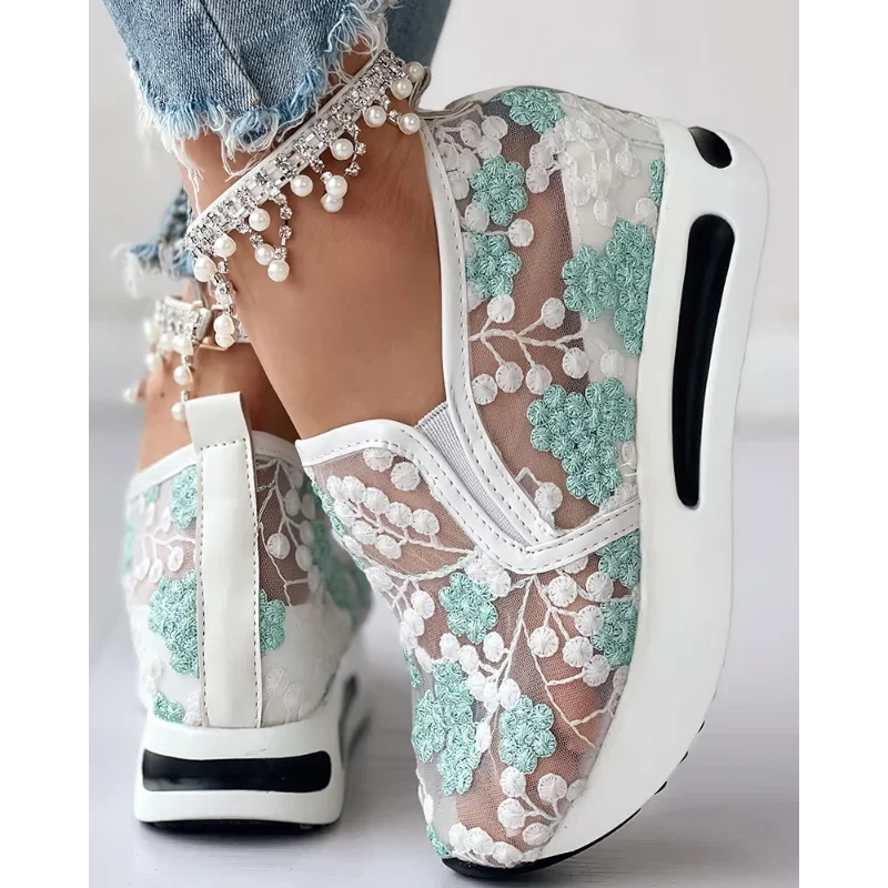 Women Fashion Casual Shoes Running Shoes Sport Wear Floral Embroidery Sheer Mesh Sneakers