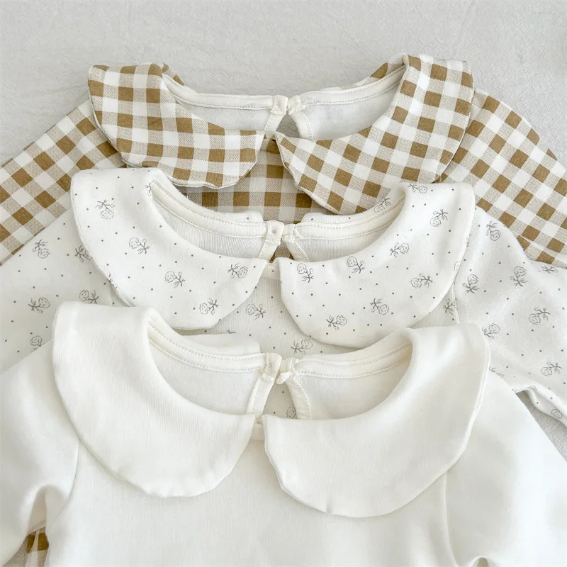 2024 Autumn New Baby Long Sleeve Bodysuit Newborn Cotton Peter Pan Collar Jumpsuit Solid Infant Girl Clothes Toddler Onesie