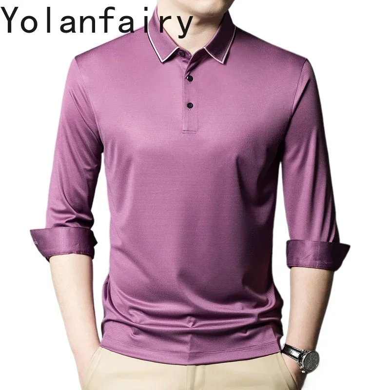 YOLANFAIRY 13,4% Polo de seda Mulberry, camiseta Para Hombre, Playeras Para Hombre, camiseta de manga larga, ropa Para Hombre de primavera y otoño 2025
