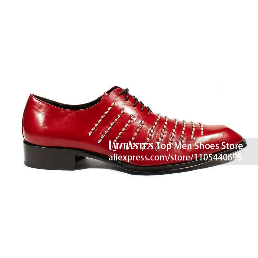 Metal Studded Oxford Shoes Rivet Embellished Lace Up Punk Formal Dress Shoes Stud Detail Low Block Heel Black PU Leather Shoes