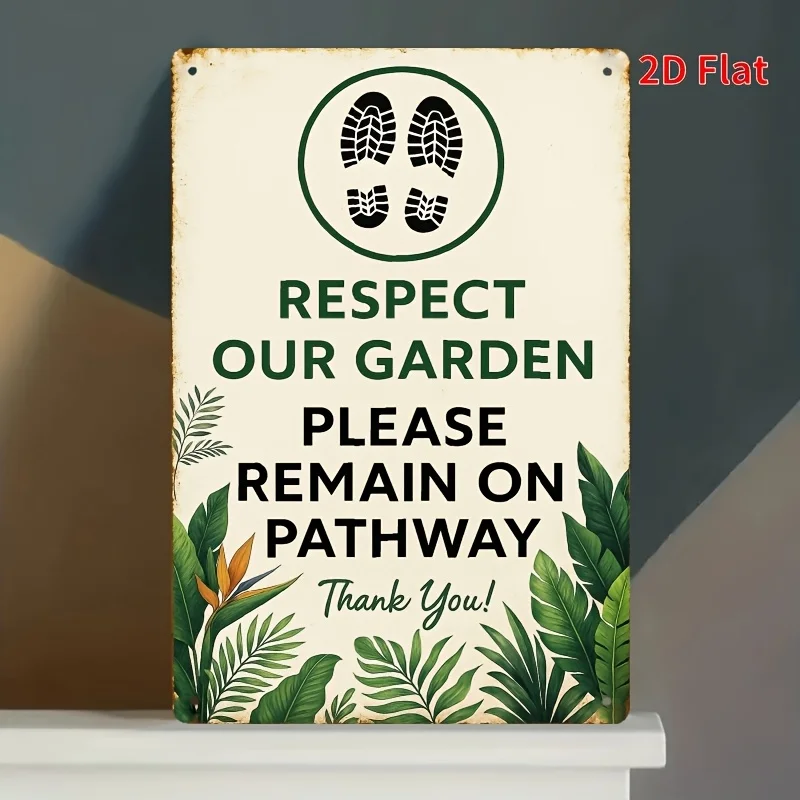 1 plaque métallique vintage 2D plate, 8x12 pouces, motif tropical avec empreintes de pieds, décoration murale « Respectez notre jardin »