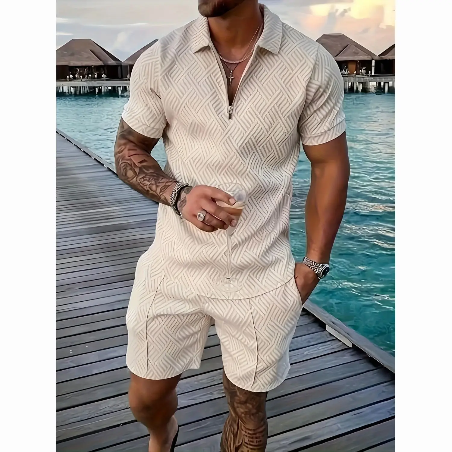 Summer Men's New Trendy Brand Random Printing Fashion Two-piece Set Casual Loose Short-sleeved Shorts Set