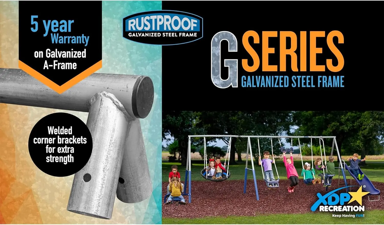 Fun All Mighty Metal A-Frame Kids Swing Set with 10 Child Capacity Outdoor Backyard Home Playground with Slide and 5 Swing Types