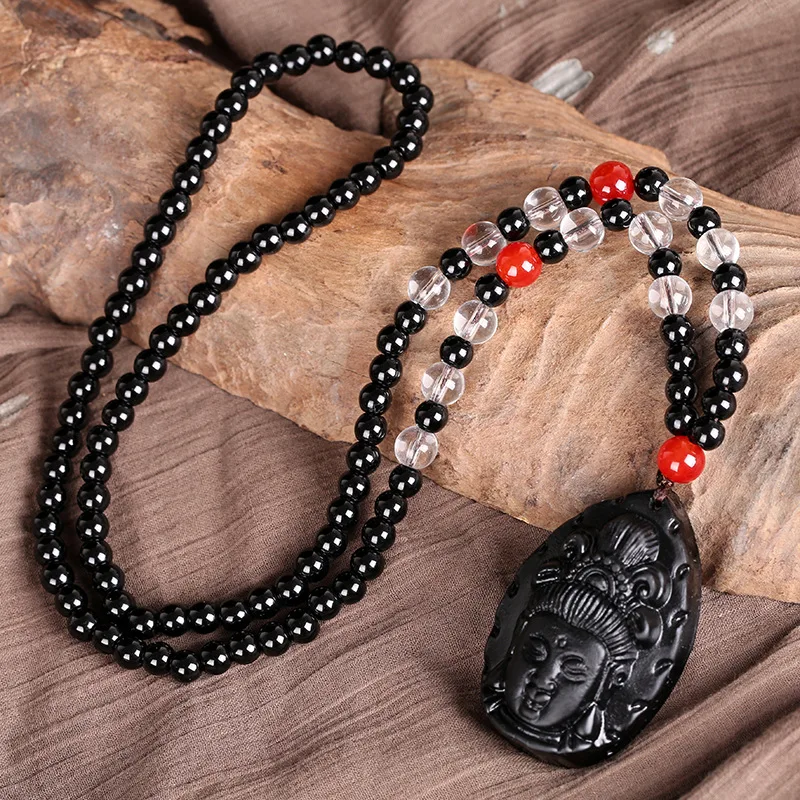 Drop shipping Original design manufacturer wholesale red bead obsidian yi guanyin head sweater chain necklace pendant