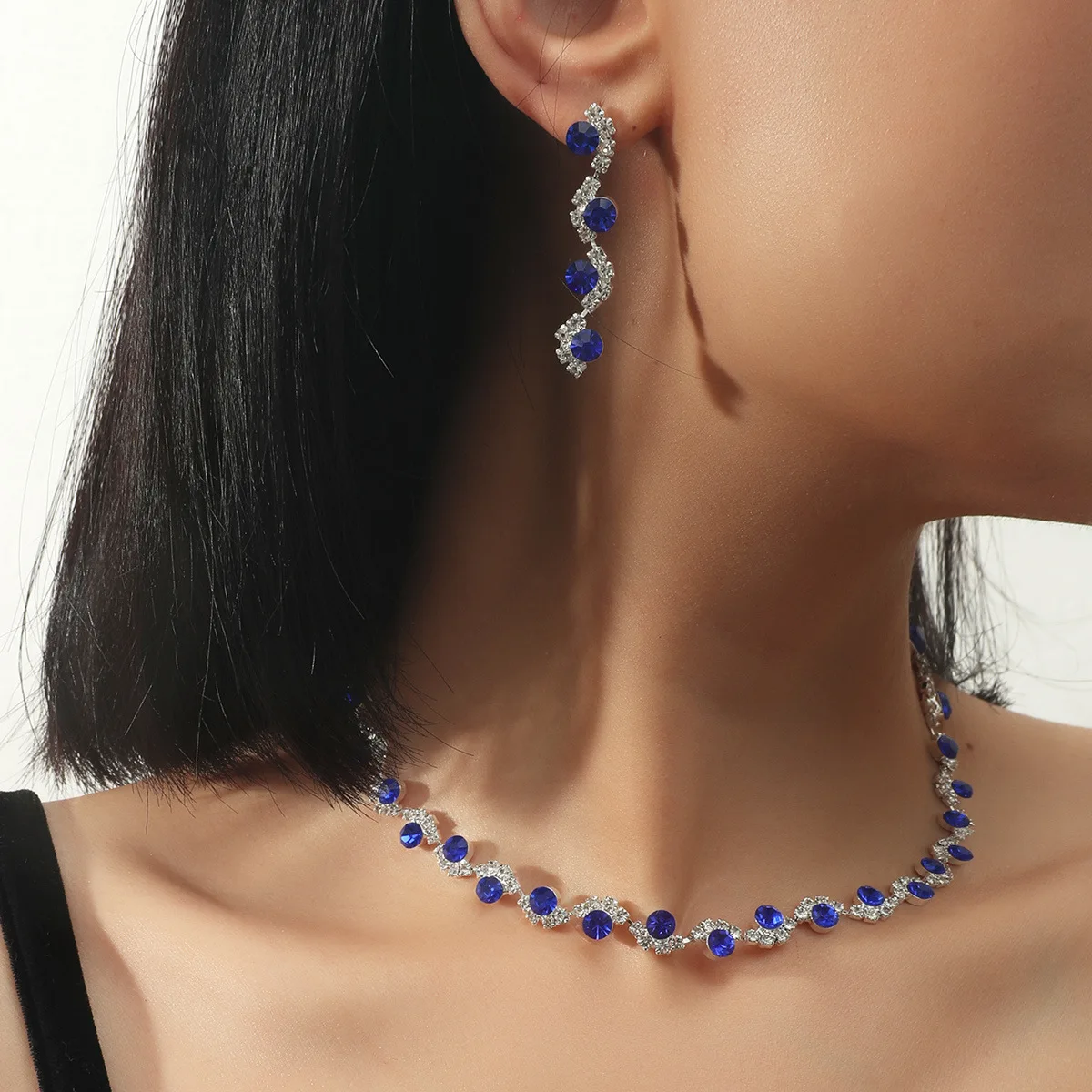 BLIJERY elegant royal blue crystal rhinestone choker necklace earrings jewelry set charm vintage wedding accessories for women