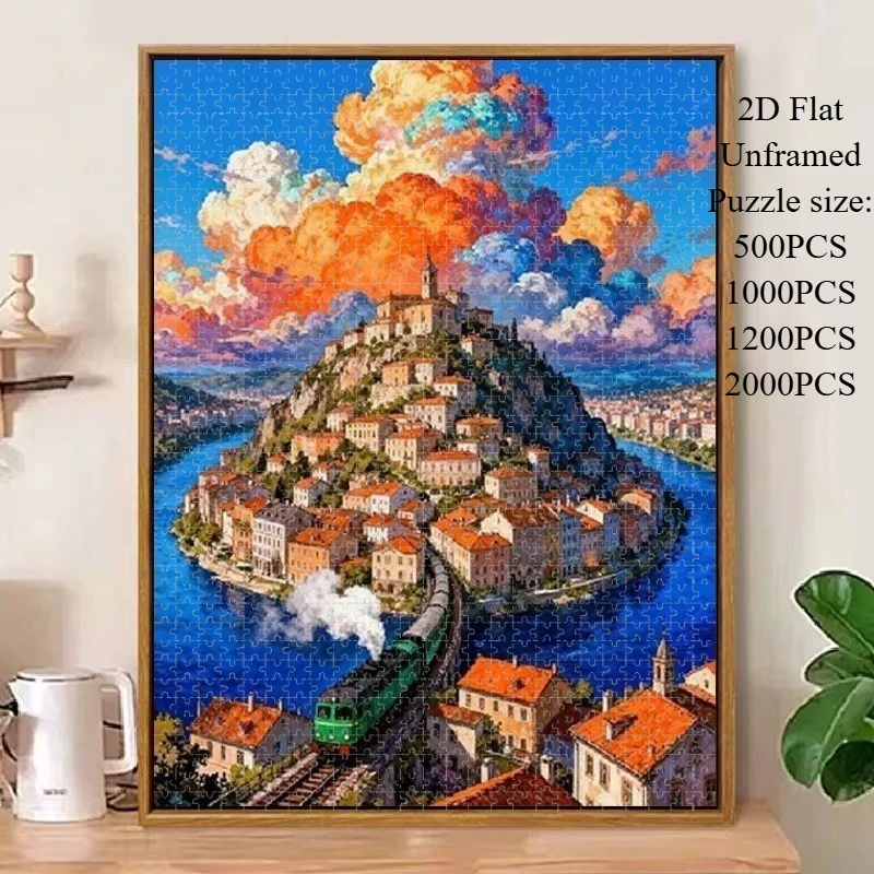 500/1000 Pcs for Adults Jigsaw Puzzle Cartoon Animation Small Town Complex Patterns Portable Box for Family Games Toys