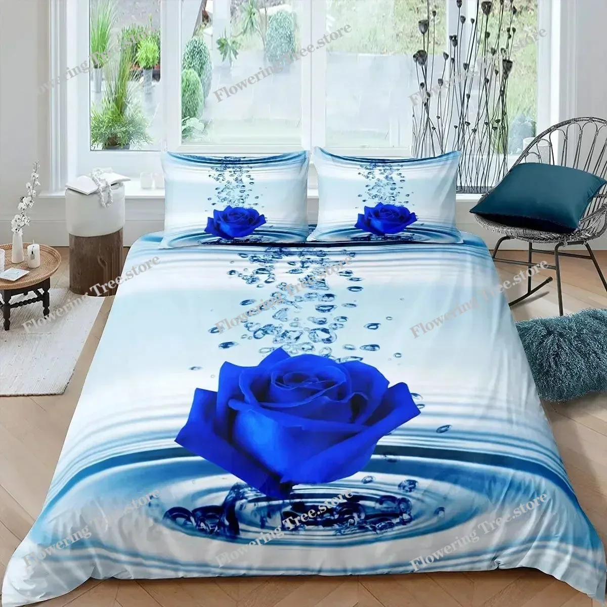 

Blue Rose Floral King Queen Duvet Cover 3D Blossom Flowers Bedding Set Valentine's Day Quilt Cover Botanical Comforter Cover029
