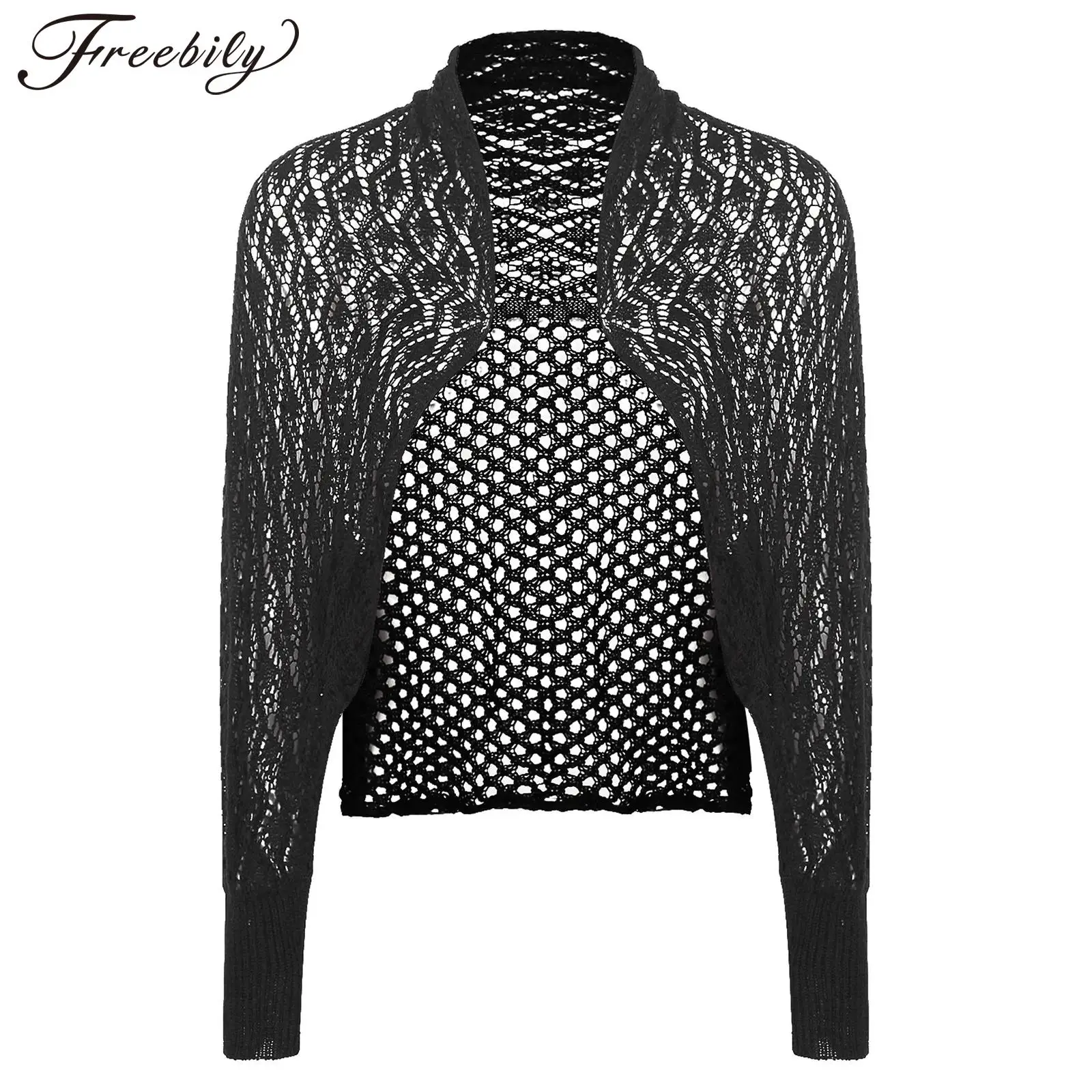 

Womens Hollow Out Knitted Cardigan Femme See-Through Open Front Bolero Shrug Long Sleeve Wraps Shawls for Dress Accessories