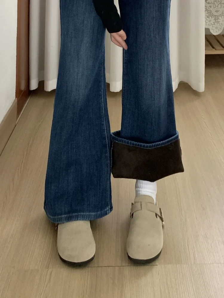 

Джинсы женские больших размеров с подкладкой, с высокой талией, широкими штанинами, осенне-зимние, облегающие, зауженные, в американском стиле, с эффектом потертости