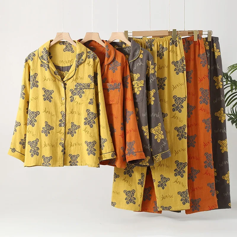 

Новые зимние женские пижамы из 100% хлопка, женский пижамный костюм, комплект из двух предметов, домашняя одежда с длинными рукавами, жаккардовая одежда для сна с медведем