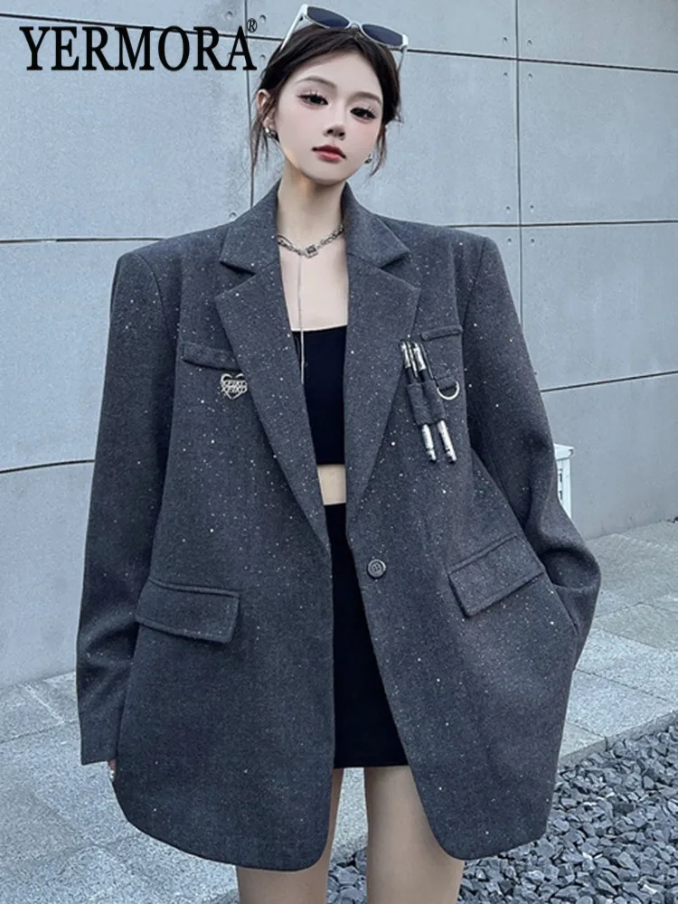 

YERMORA Gray Asymmetric Button Casual Blazer For Women Lapel Long Sleeve Loose New Jacket Fashion Tide Autumn Winter 2025