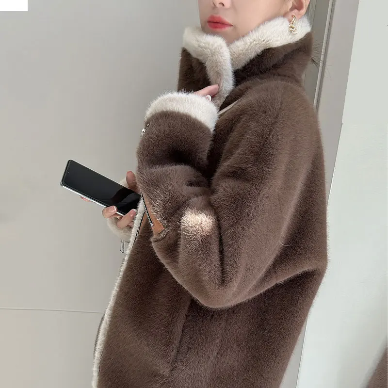 RONG NI 2024 New Faux Fur Coat For Women With Real Faux Fur Warm Winter Short Fashion Real Leather Jacket For Women