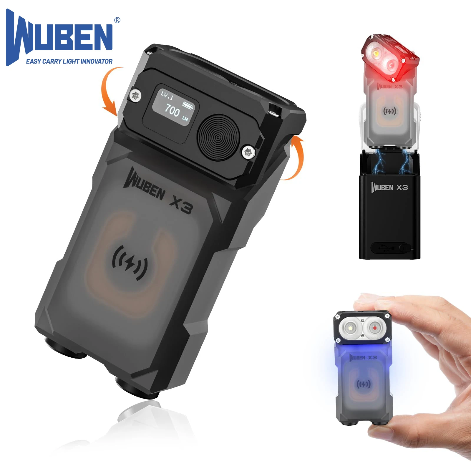 WUBEN X3 Mini Rechargeable Flashlight with Charging Base 180 Degree EDC Keychain Flashlight Twist Ip65 Waterproof MagnetPocket Flashlight 10 Mode Type-C Lanyard for Camping, Outdoor