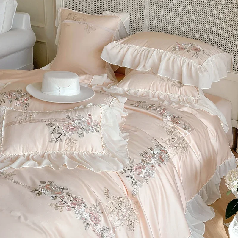 

Bedding Set Luxury Pink 1000TC Egyptian Cotton France Princess Lace Flowers Embroidery Quilt/Duvet Cover Bed Sheet Pillowcases