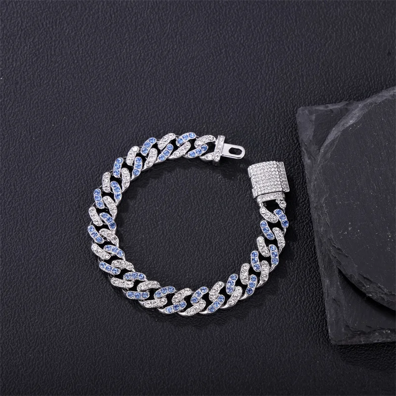 D&Z Fashion 11MM Silver Color Cuban Chain Bracelet For Men Women Blue&Silver Color AAA Crystal Pave Cuban Bracelet Jewelry